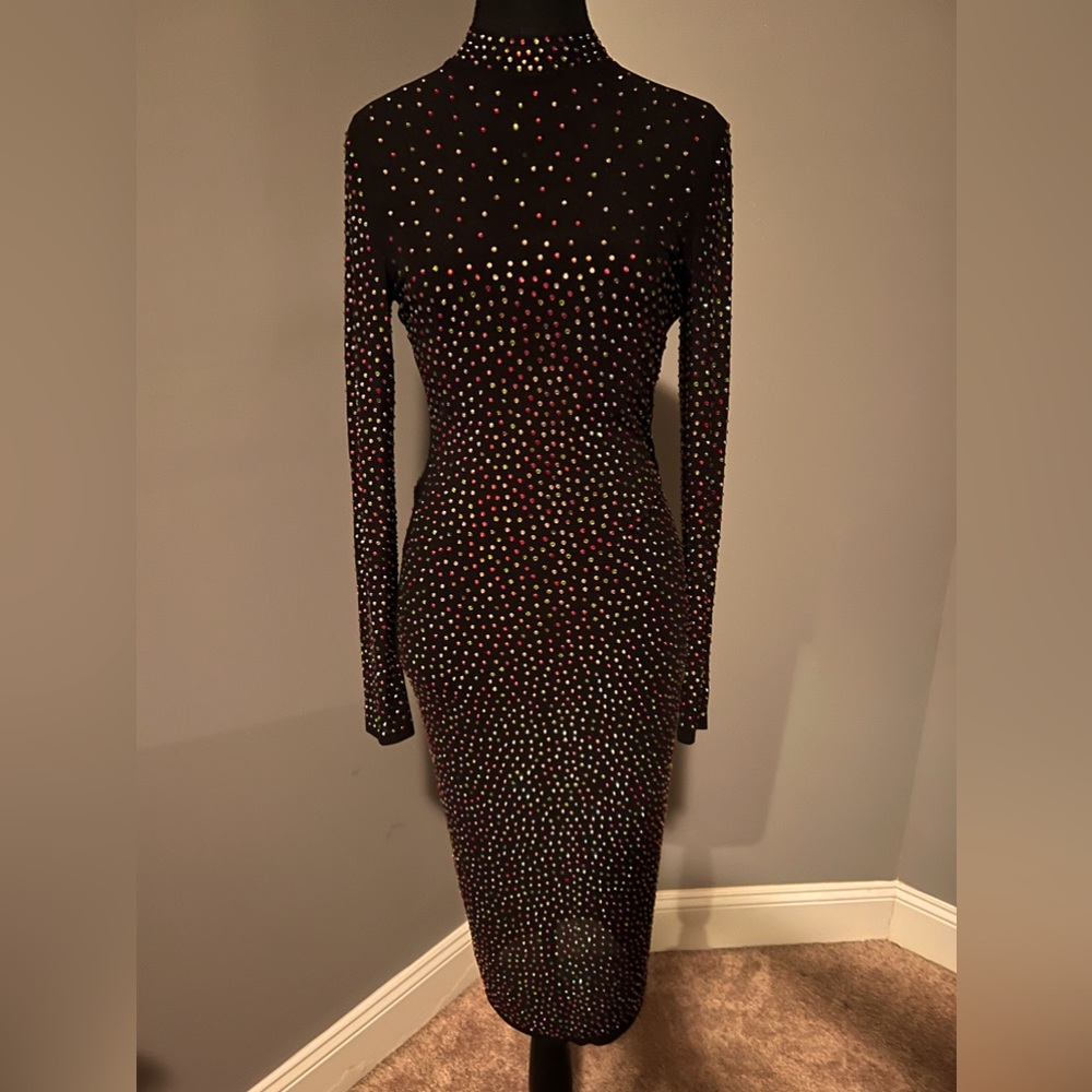Sexy Dresses for Women Sheer Mesh Multicolor Rhinestone Black Dress. One size